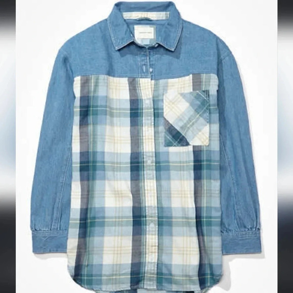 American Eagle Go Big Plaid and Denim Beach Shirt - Picture 2 of 5